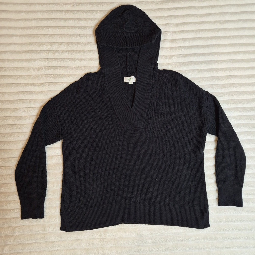 Aerie Black Waffle Knit Hoodie Sweater Oversized V-Neck Pullover XS